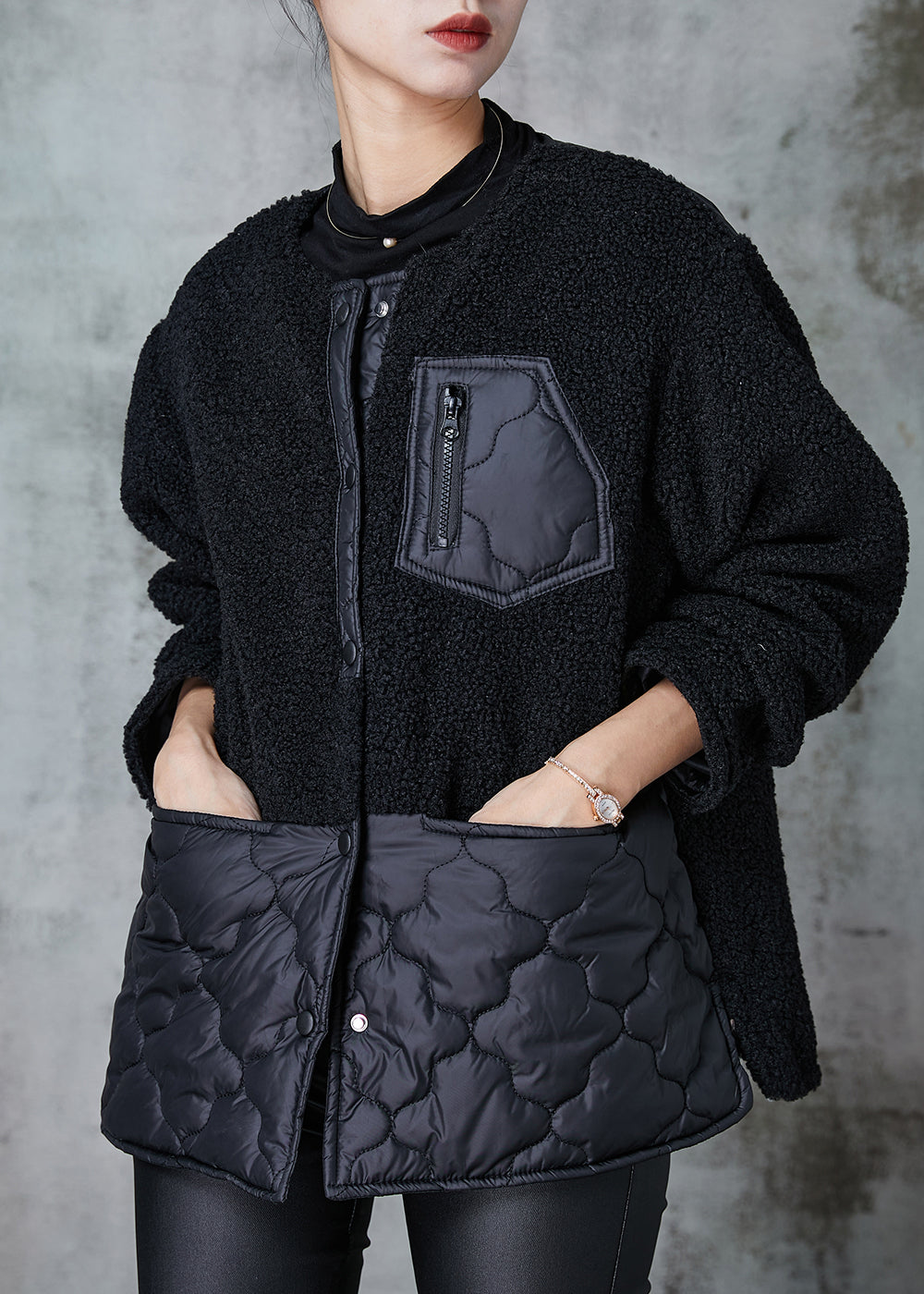 Drune | Schwarze Übergroße Patchwork Kunstpelzjacken