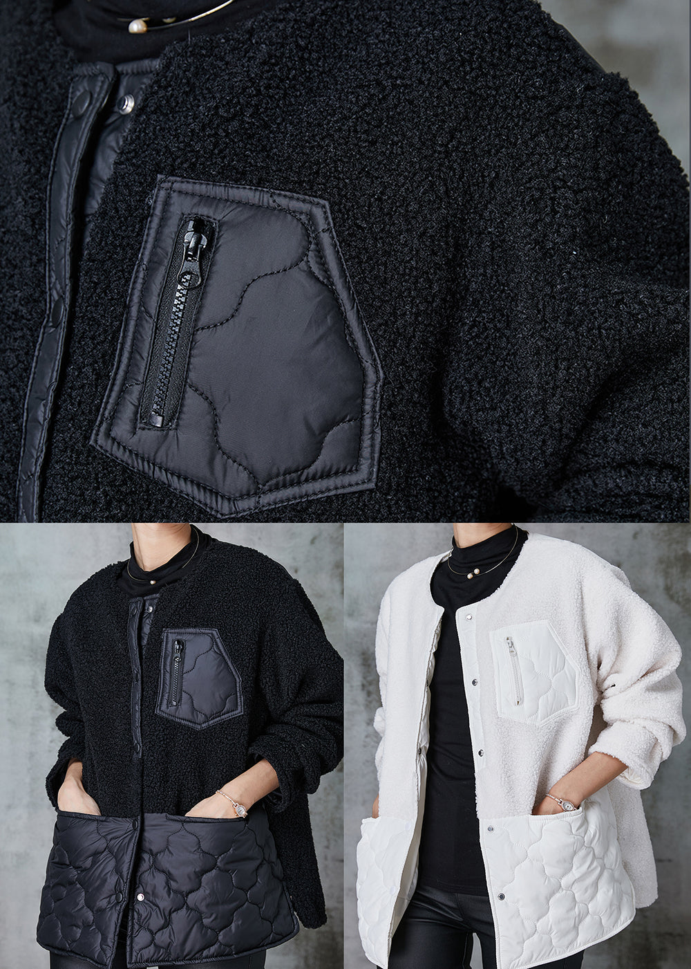 Drune | Schwarze Übergroße Patchwork Kunstpelzjacken