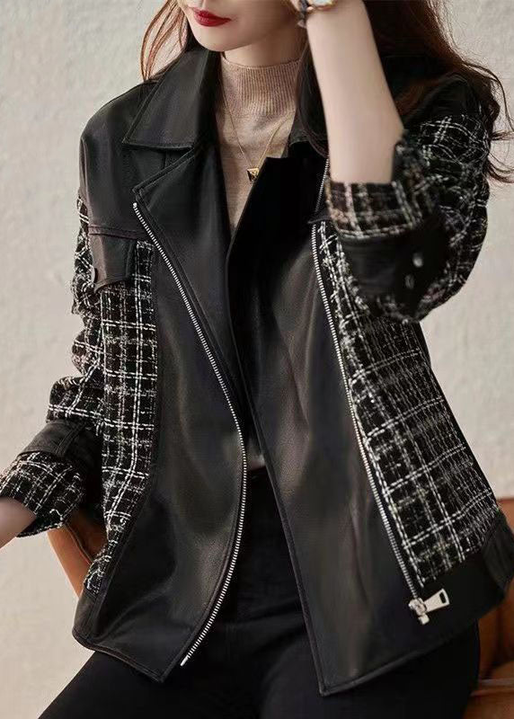 Drune | Schwarze Peter Pan Kragen Zip-Patchwork Kunstleder Mäntel