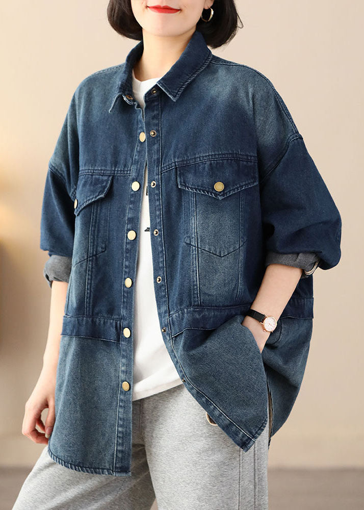 Drune | Blaue Übergroße Patchwork-Taschen Baumwolle Denim Mäntel