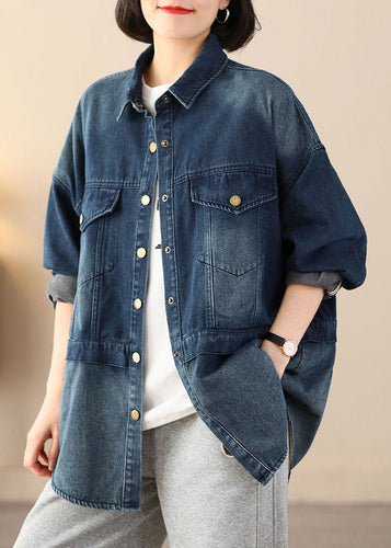 Drune | Blaue Übergroße Patchwork-Taschen Baumwolle Denim Mäntel