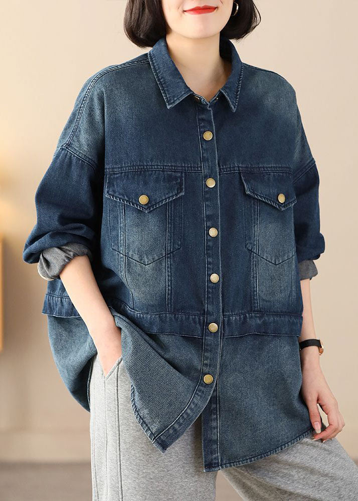 Drune | Blaue Übergroße Patchwork-Taschen Baumwolle Denim Mäntel