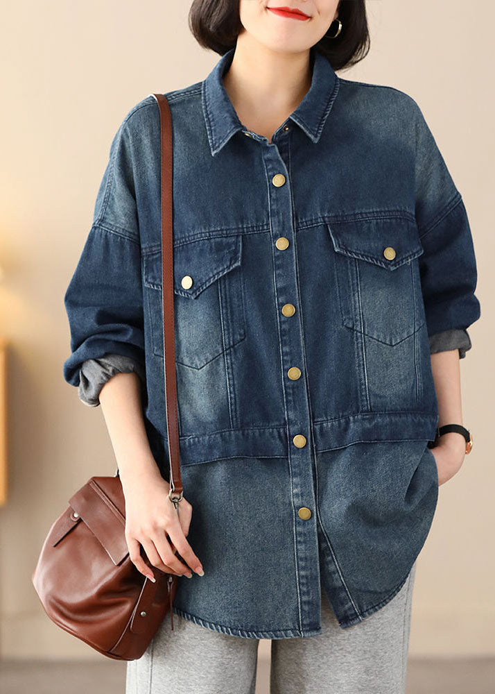 Drune | Blaue Übergroße Patchwork-Taschen Baumwolle Denim Mäntel