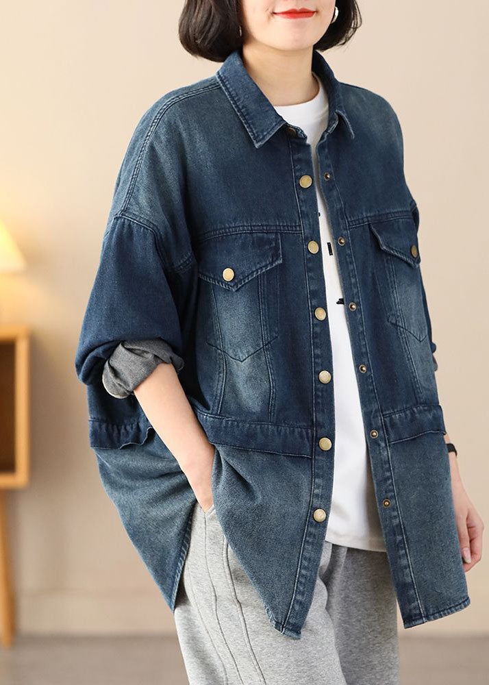 Drune | Blaue Übergroße Patchwork-Taschen Baumwolle Denim Mäntel