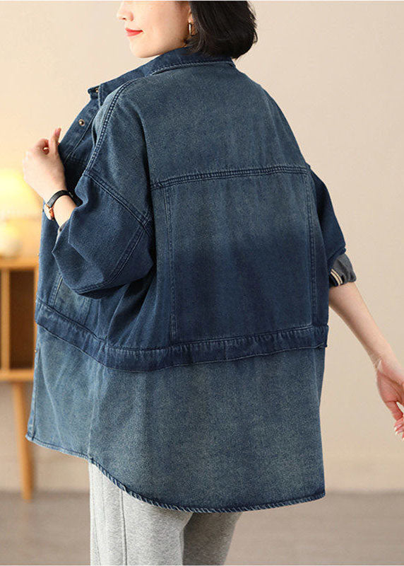 Drune | Blaue Übergroße Patchwork-Taschen Baumwolle Denim Mäntel
