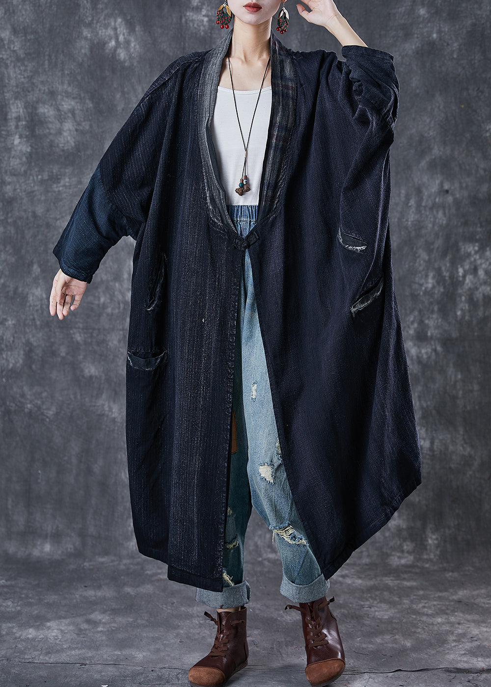 Drune | Marine Oversized Chinese Button Baumwoll Trenchcoats