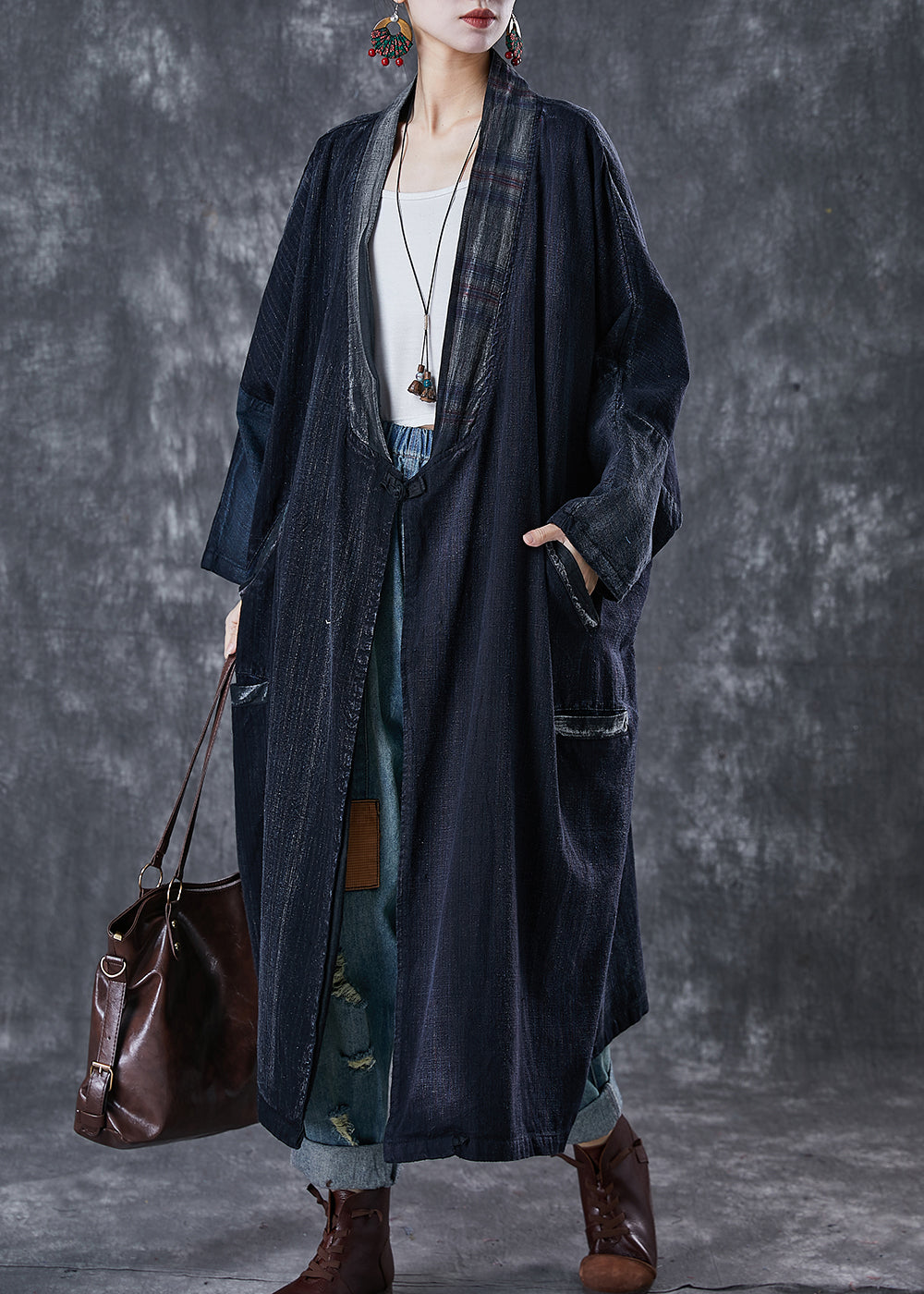Drune | Marine Oversized Chinese Button Baumwoll Trenchcoats