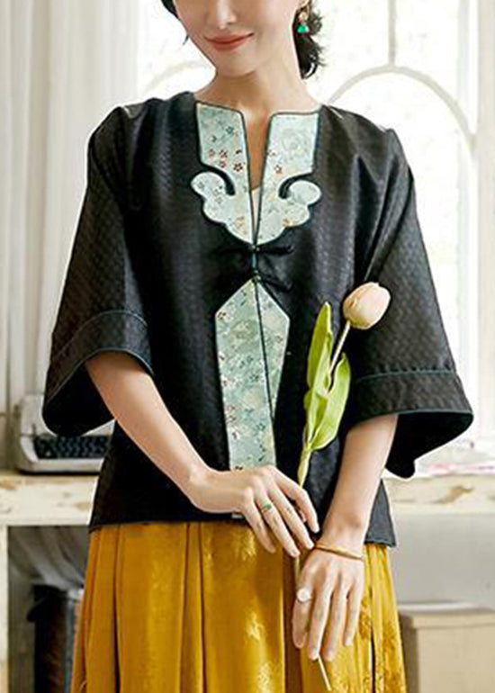 Drune | Schwarze O-Ausschnitt Bestickte Patchwork Seidenmäntel
