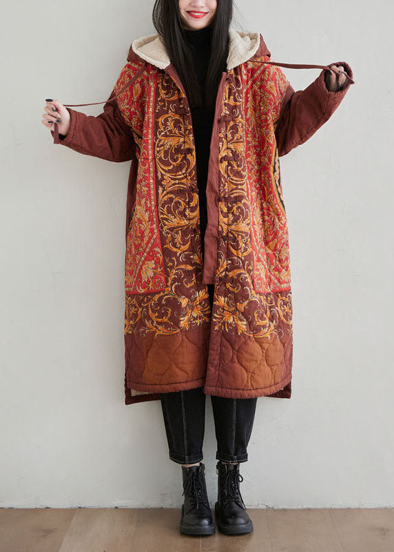 Drune | Roter Kapuzenbestickter Warmer Fleece Fein Baumwollgefüllter Mantel Winter