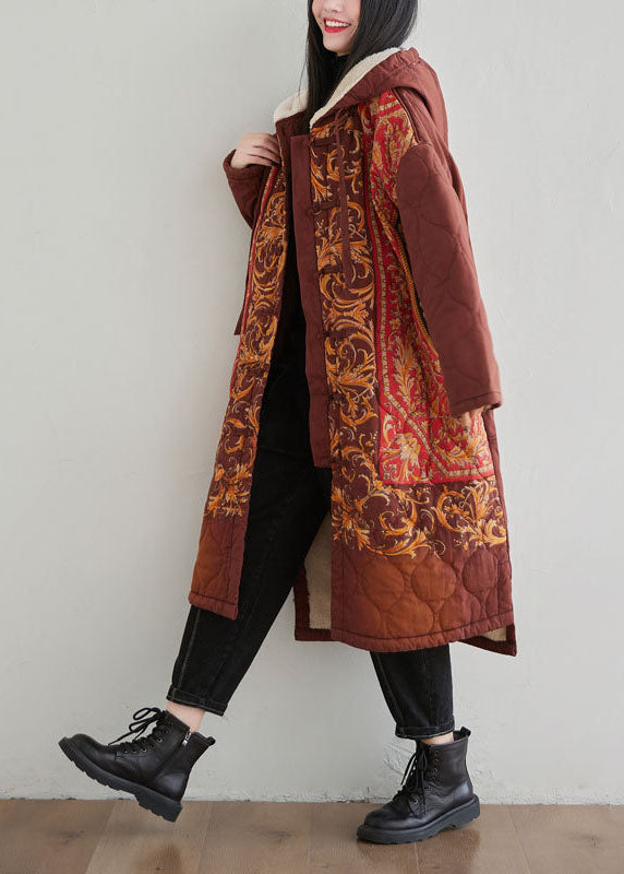 Drune | Roter Kapuzenbestickter Warmer Fleece Fein Baumwollgefüllter Mantel Winter