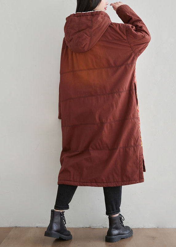 Drune | Roter Kapuzenbestickter Warmer Fleece Fein Baumwollgefüllter Mantel Winter