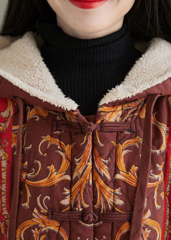 Drune | Roter Kapuzenbestickter Warmer Fleece Fein Baumwollgefüllter Mantel Winter