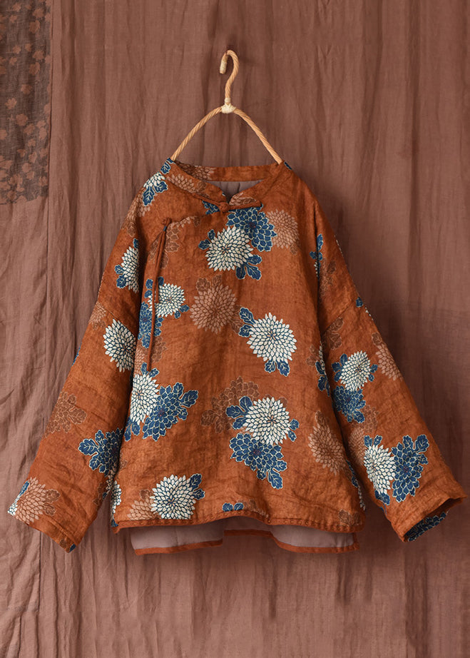 Drune | Orange Print Stehkragen Patchwork Feine Baumwollgefüllte Mäntel Winter