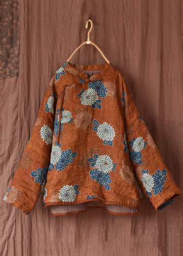 Drune | Orange Print Stehkragen Patchwork Feine Baumwollgefüllte Mäntel Winter