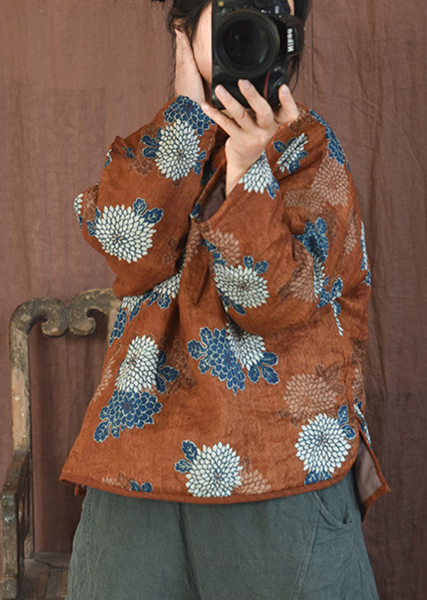 Drune | Orange Print Stehkragen Patchwork Feine Baumwollgefüllte Mäntel Winter