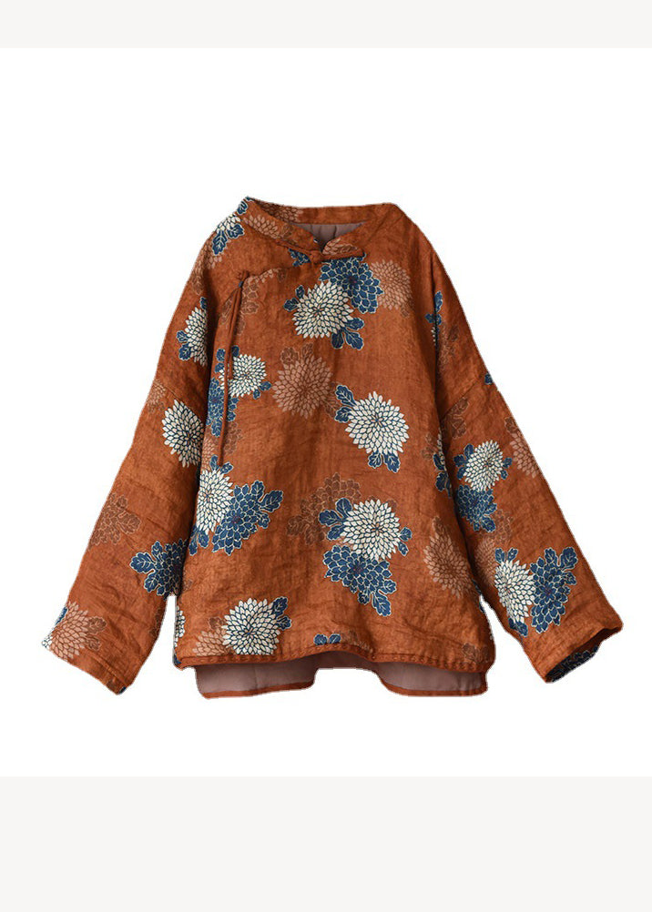 Drune | Orange Print Stehkragen Patchwork Feine Baumwollgefüllte Mäntel Winter