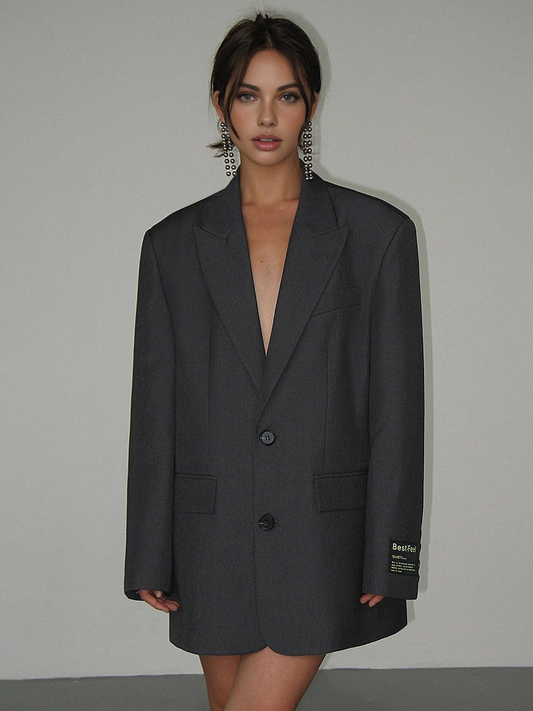 Drune | Blazer Damen Graue Einreihige Lange Blazerjacke
