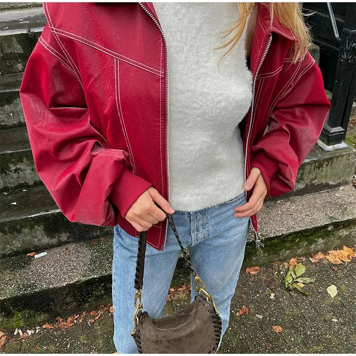 Drune | BomberJacke Rotes Bomberjacke Aus Kunstleder für Damen