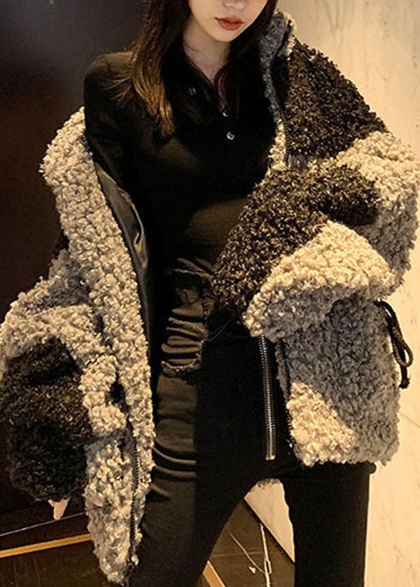 Drune | Graue Stehkragen Taschen Patchwork Kunstfellmäntel Winter