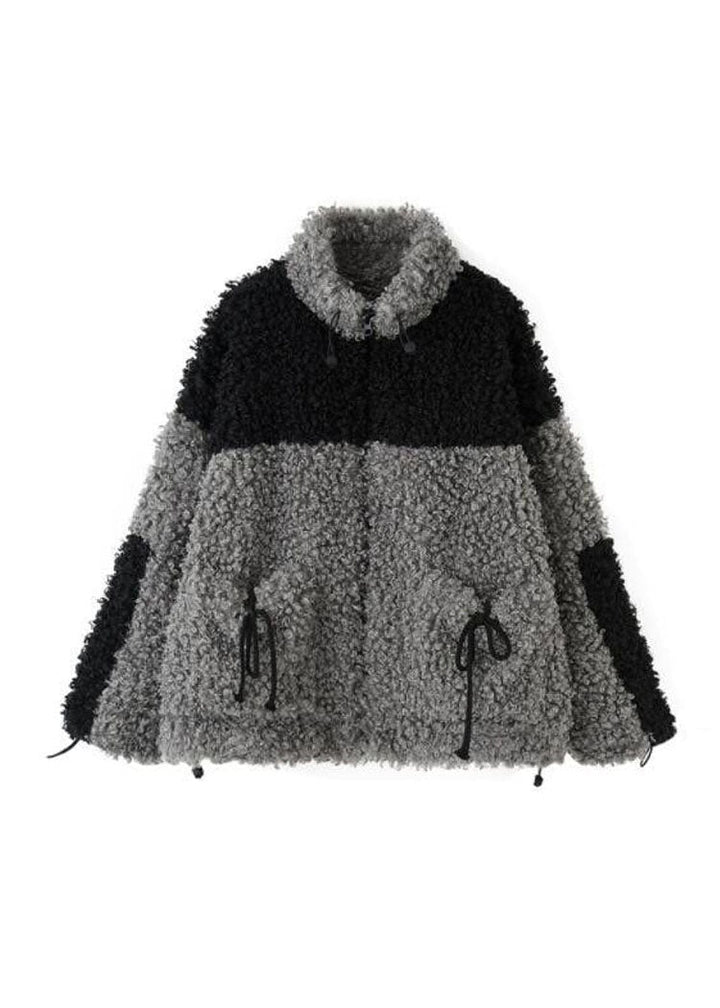 Drune | Graue Stehkragen Taschen Patchwork Kunstfellmäntel Winter
