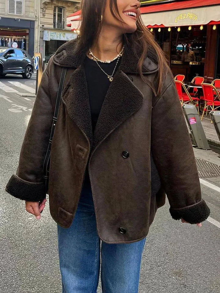 Drune | Lederjacke Weinlese Winter Fleece Gefütterte Lederjacke Damenjacke