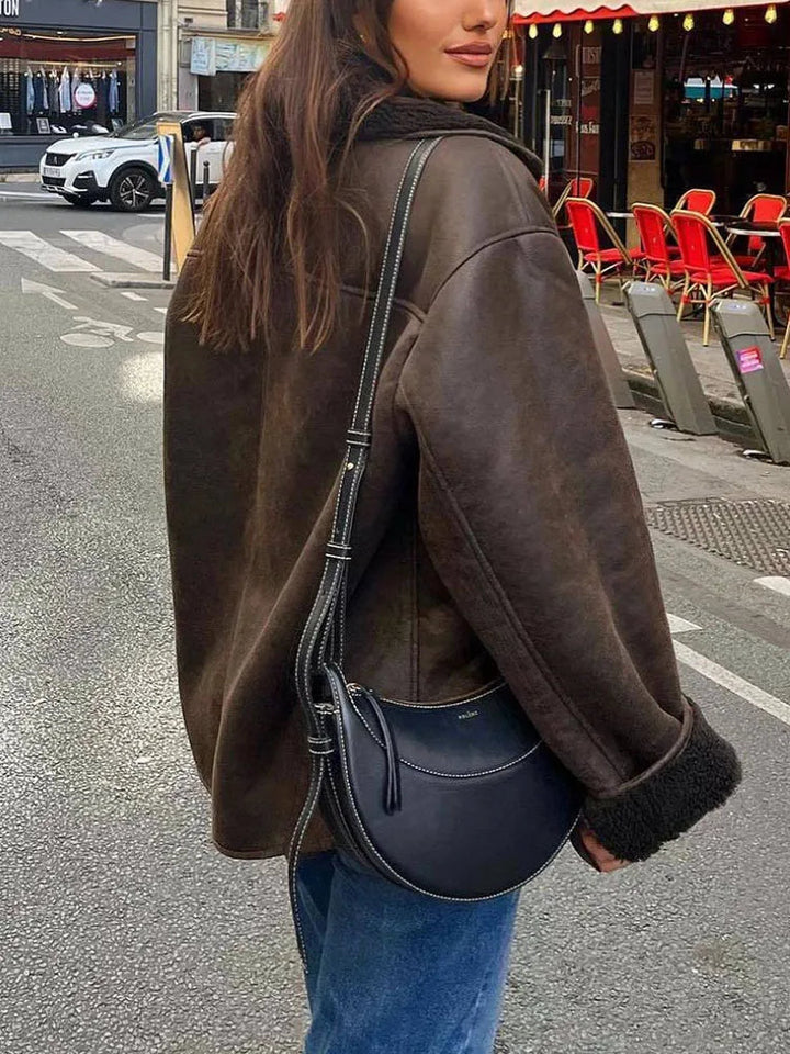 Drune | Lederjacke Weinlese Winter Fleece Gefütterte Lederjacke Damenjacke