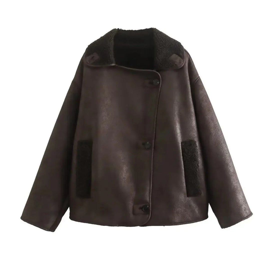 Drune | Lederjacke Weinlese Winter Fleece Gefütterte Lederjacke Damenjacke