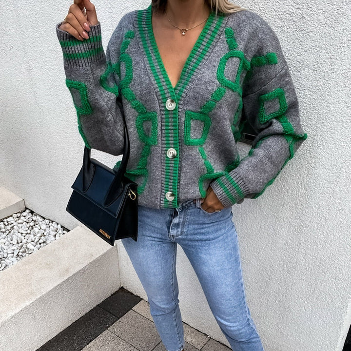Drune | Damen Oversized Gestrickter Cardigan mit Geometrischem Druck