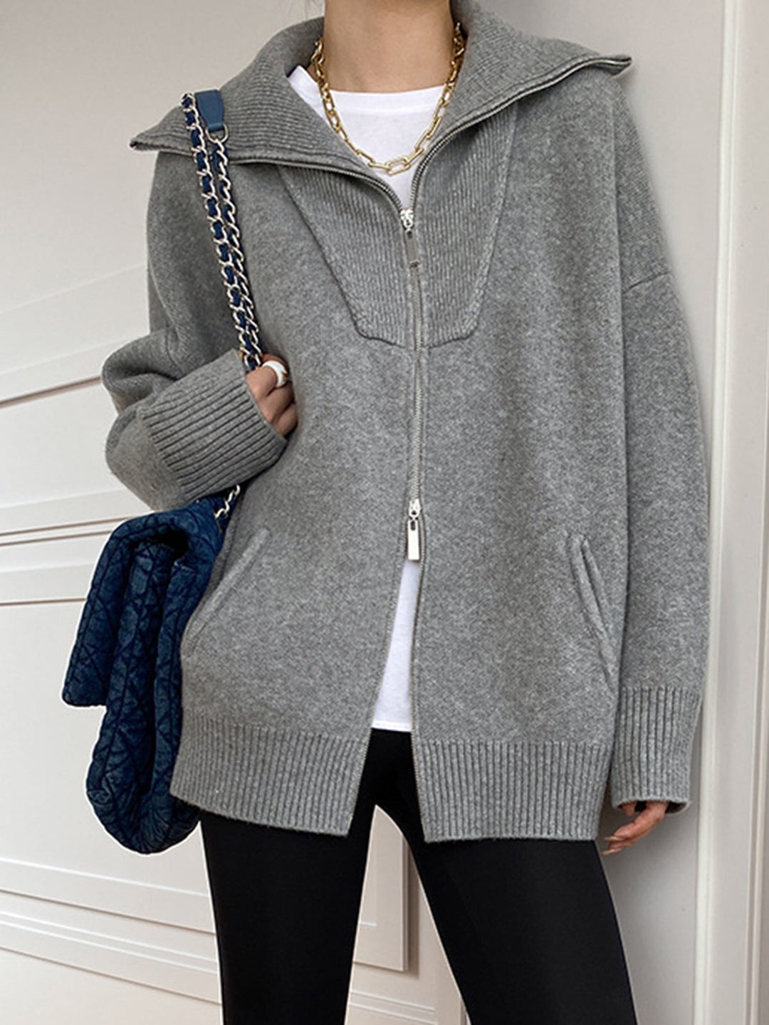 Drune | Damen Übergröße Strickjacke mit offenem Kragen und langen Ärmeln