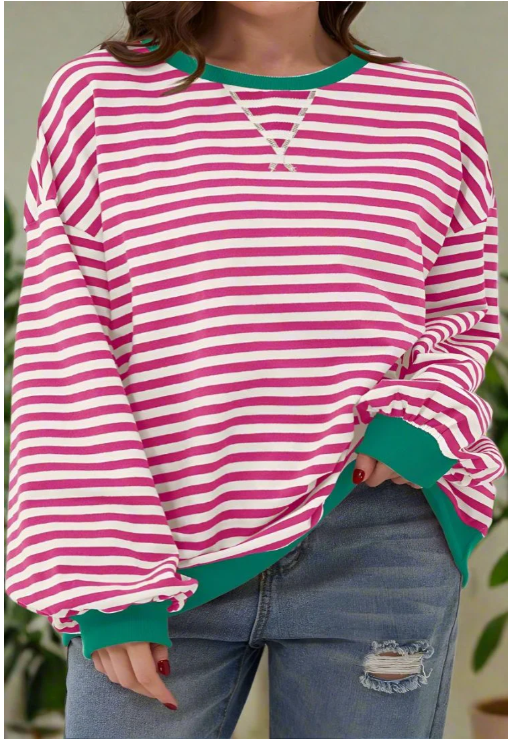 Drune | Locker T-Shirt mit Streifen und langen Ärmeln Lässiger Pullover für Frauen