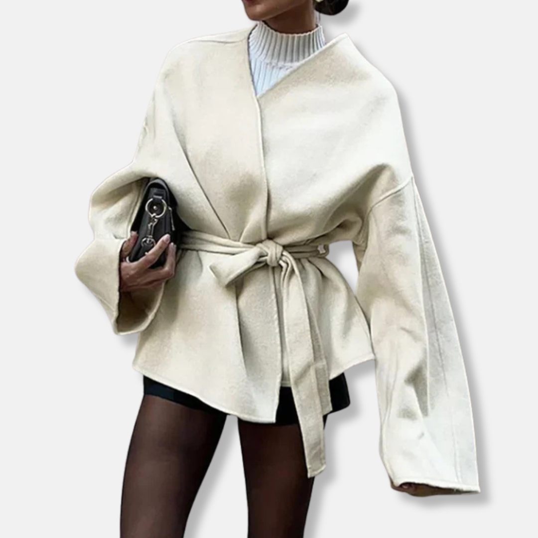 Drune | Damen-Wickelmantel – Wolltextur – Oversize-Schnitt – Taillierter Bund – Minimalistischer Stil