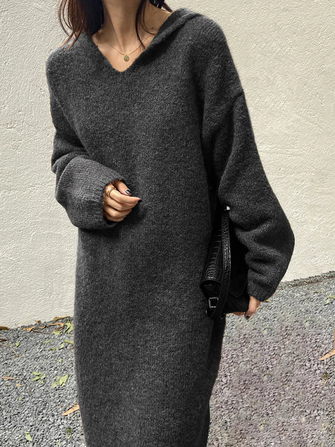 Drune | Woll - Kapuzen - Strick - Midi - Kleid