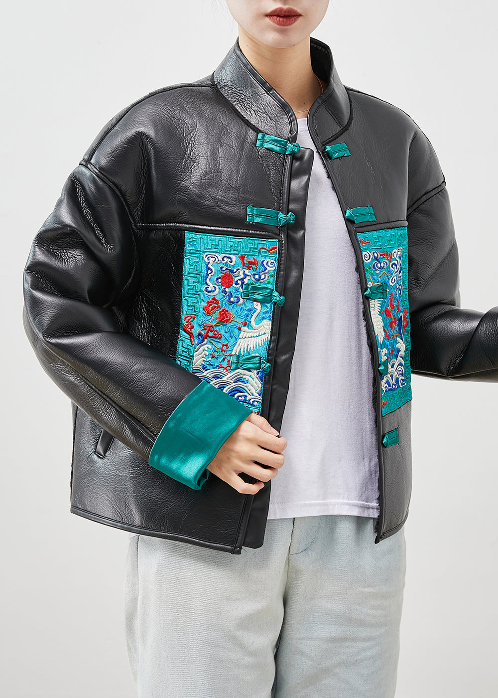 Drune | Größe Schwarze Bestickte Patchwork Warme Fleece Kunstlederjacken Winter