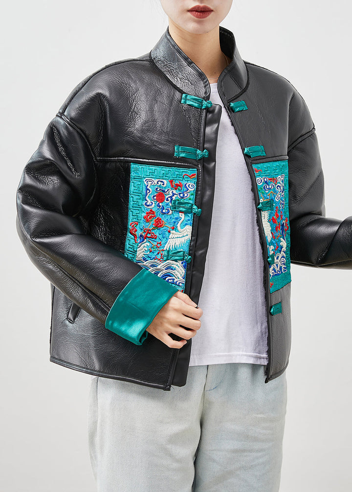 Drune | Größe Schwarze Bestickte Patchwork Warme Fleece Kunstlederjacken Winter