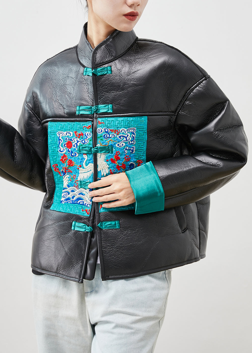 Drune | Größe Schwarze Bestickte Patchwork Warme Fleece Kunstlederjacken Winter