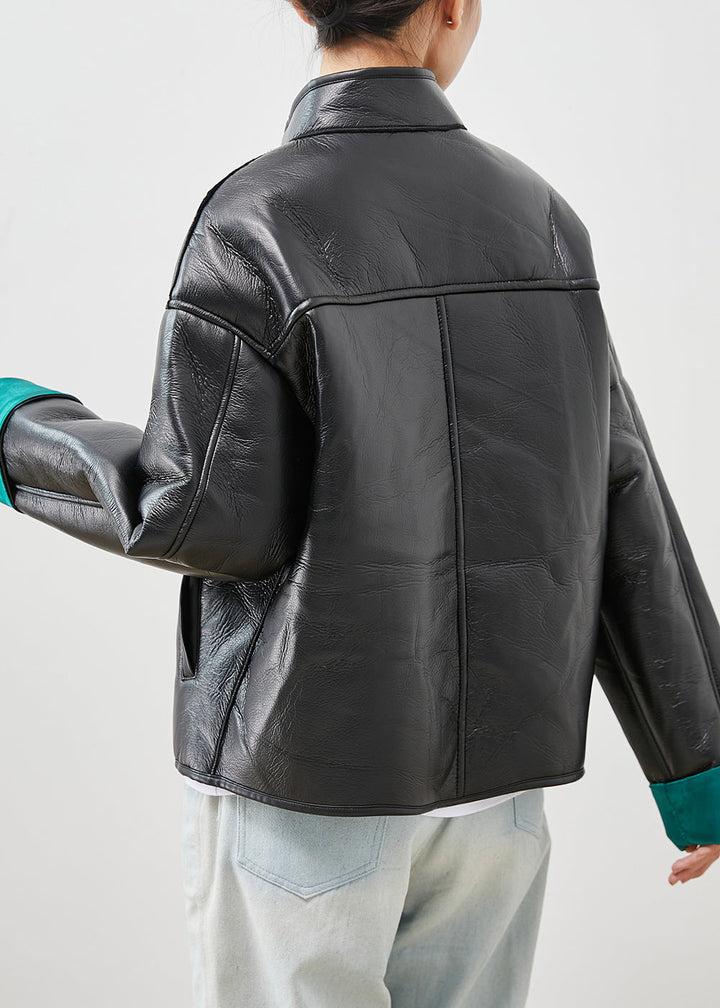 Drune | Größe Schwarze Bestickte Patchwork Warme Fleece Kunstlederjacken Winter