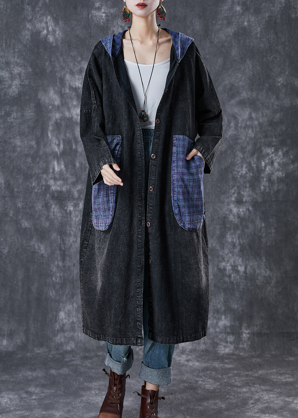 Drune | Größe Schwarze Kapuzen-Patchwork Große Taschen Denim Mäntel