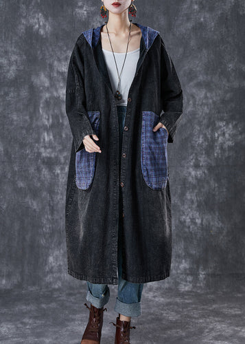 Drune | Größe Schwarze Kapuzen-Patchwork Große Taschen Denim Mäntel