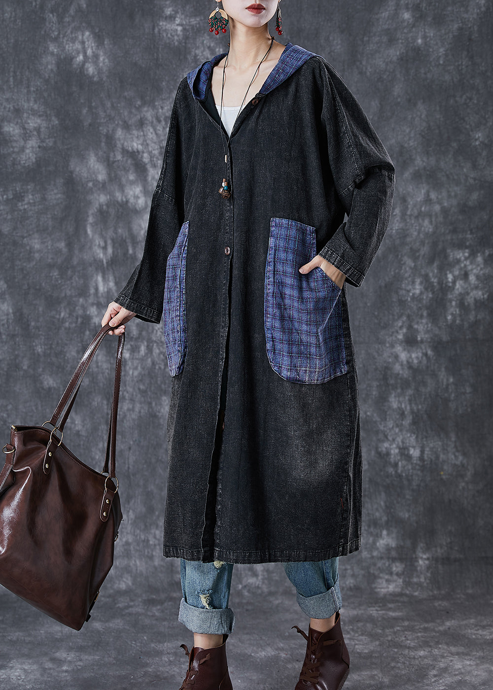 Drune | Größe Schwarze Kapuzen-Patchwork Große Taschen Denim Mäntel