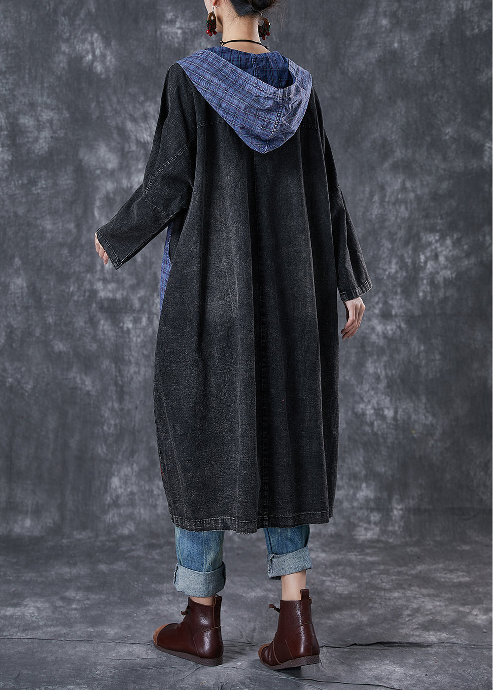 Drune | Größe Schwarze Kapuzen-Patchwork Große Taschen Denim Mäntel