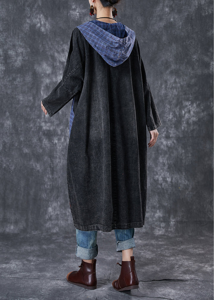 Drune | Größe Schwarze Kapuzen-Patchwork Große Taschen Denim Mäntel
