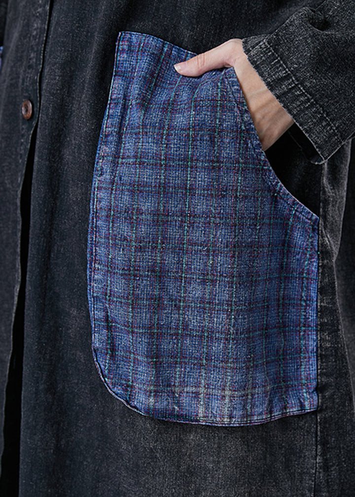 Drune | Größe Schwarze Kapuzen-Patchwork Große Taschen Denim Mäntel