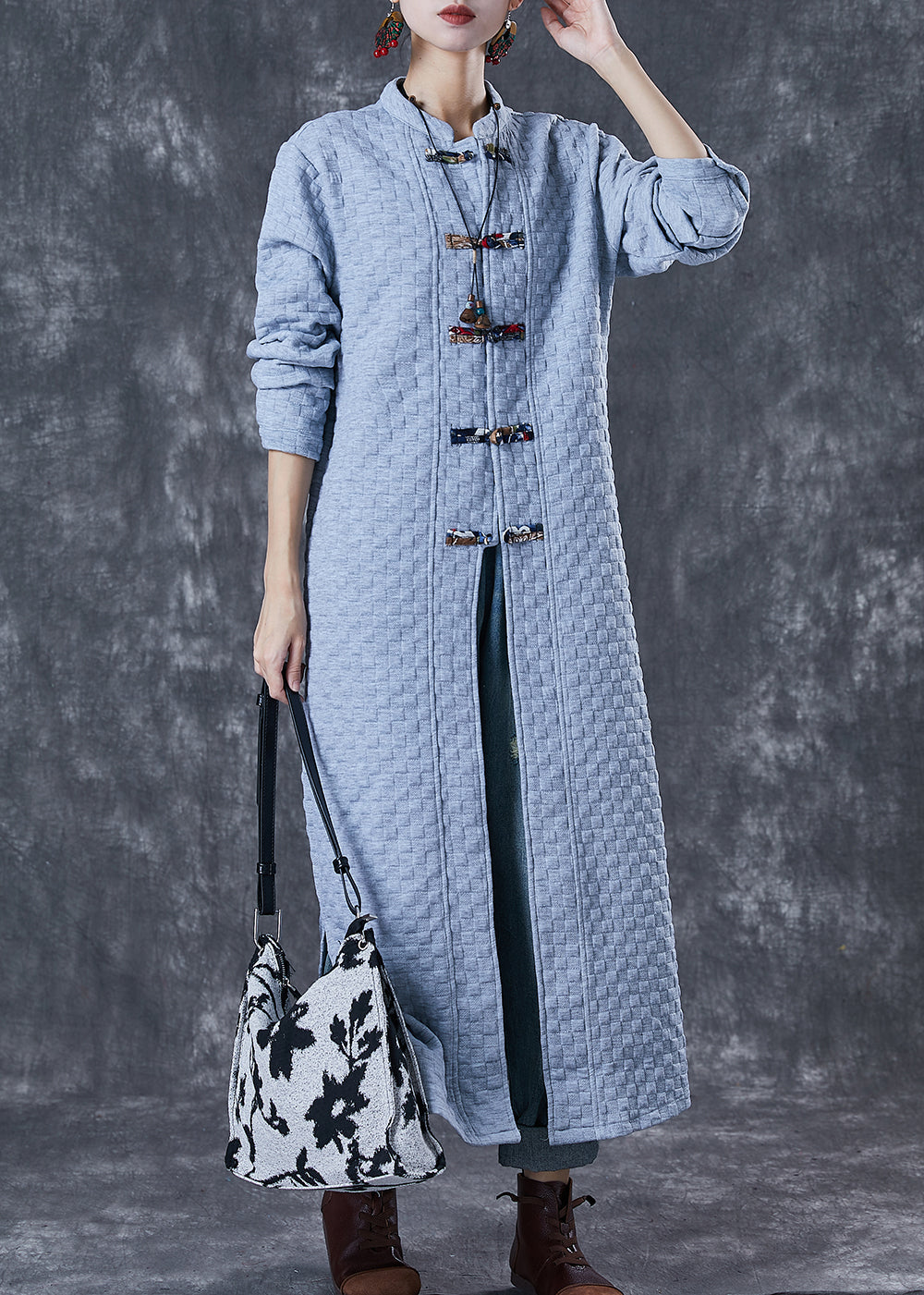 Drune | Größe Blau Grau Chinesischer Knopf Baumwolle Trenchcoats