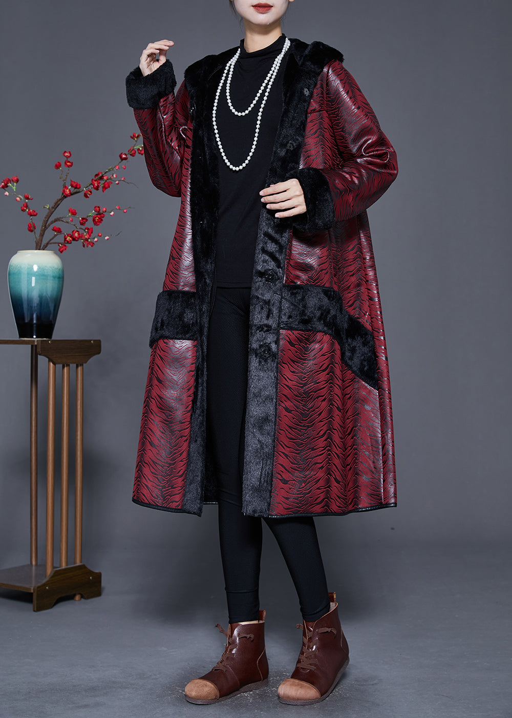 Drune | Größe Stumpfrot Kapuzen Patchwork Warme Fleece Mäntel Winter