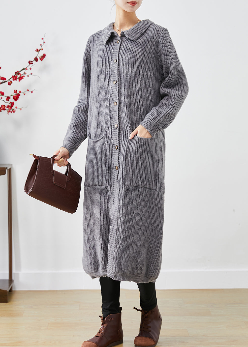 Drune | Größe Graue Button-Down-Taschen Strick Langmäntel