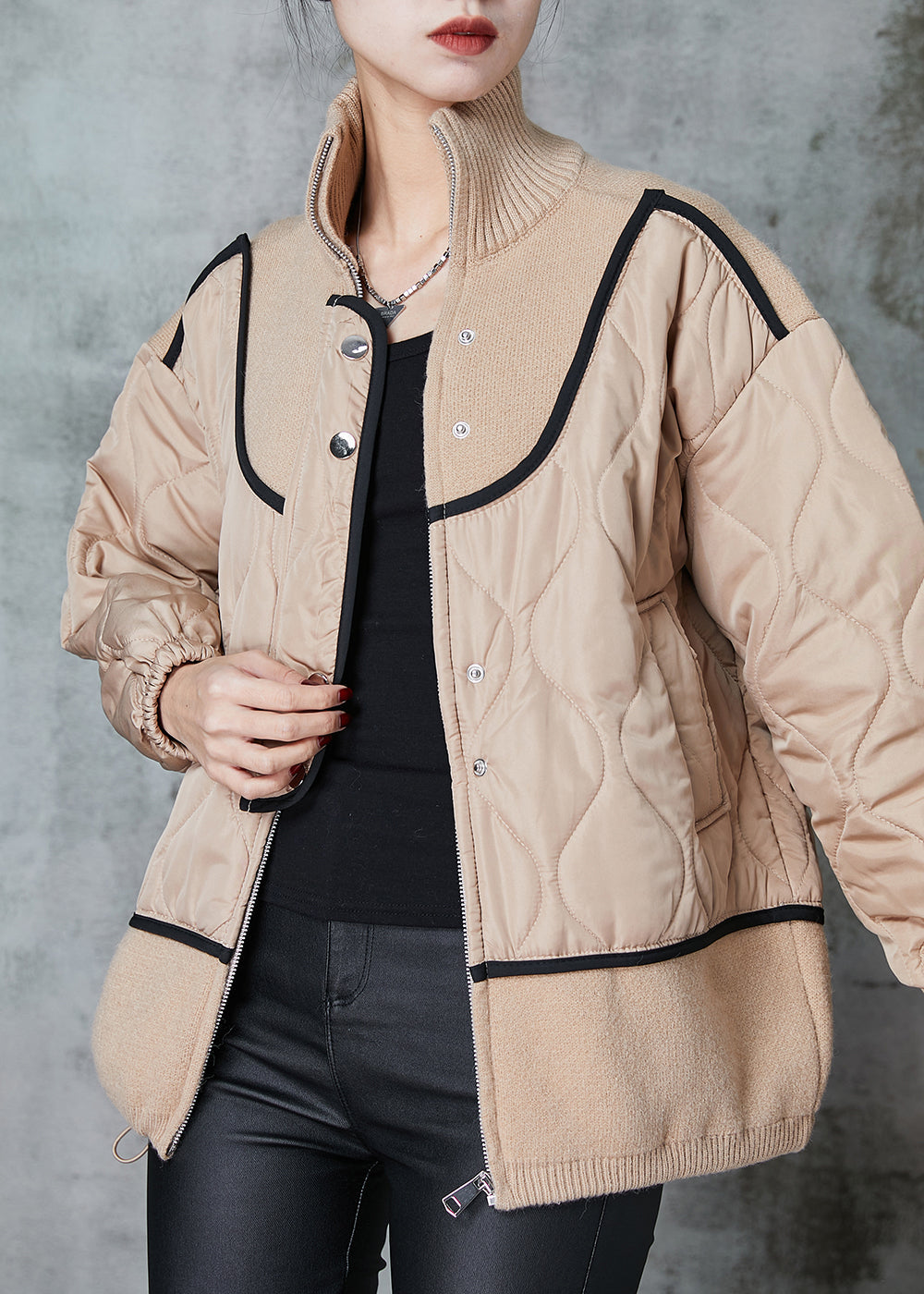 Drune | Größe Khaki Stehkragen Patchwork Strick Feine Baumwolle Gefüllte Mäntel