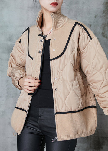 Drune | Größe Khaki Stehkragen Patchwork Strick Feine Baumwolle Gefüllte Mäntel