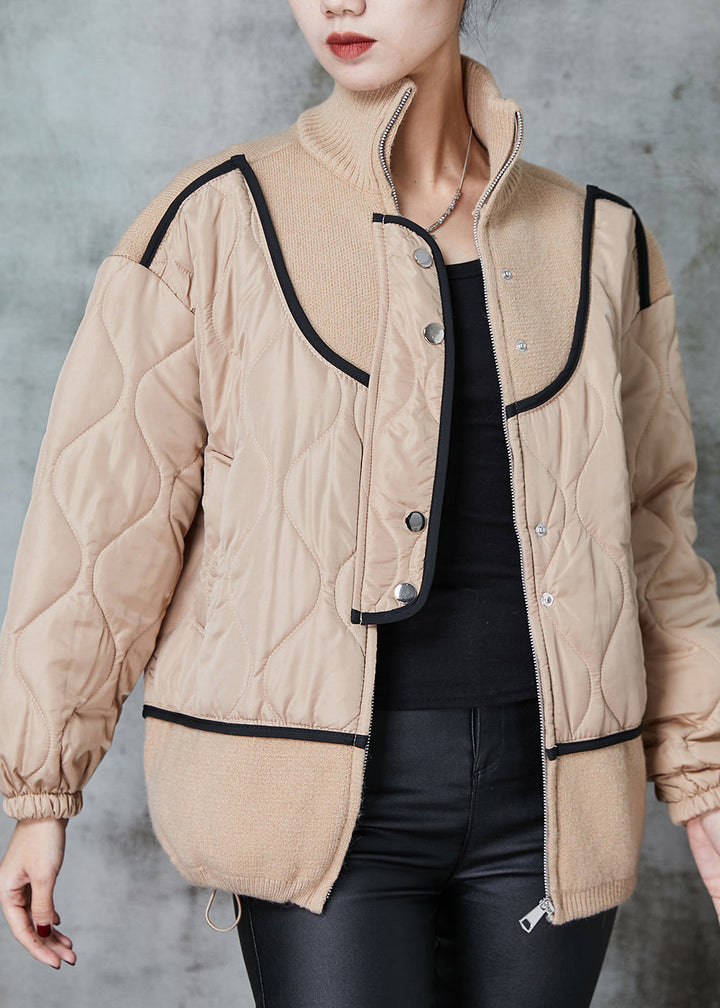 Drune | Größe Khaki Stehkragen Patchwork Strick Feine Baumwolle Gefüllte Mäntel