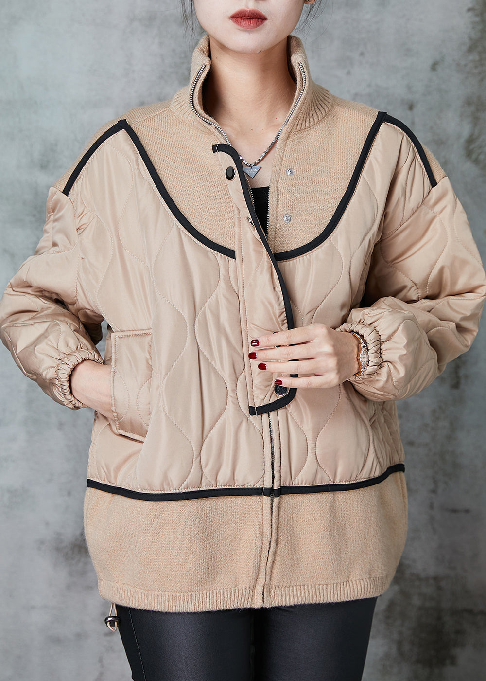 Drune | Größe Khaki Stehkragen Patchwork Strick Feine Baumwolle Gefüllte Mäntel