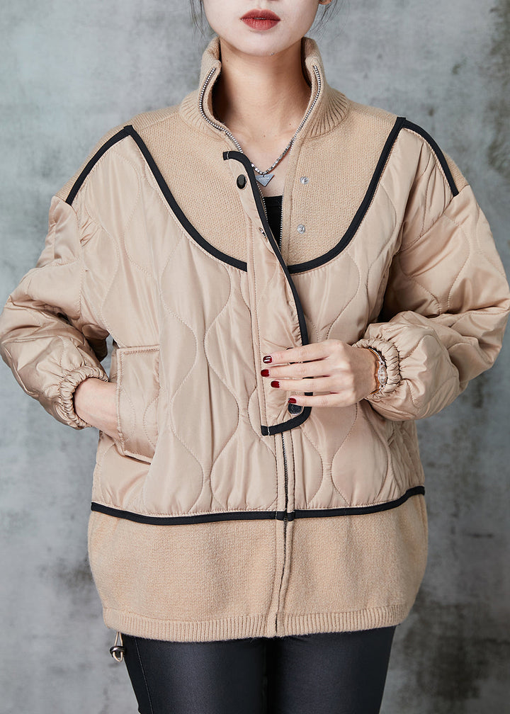 Drune | Größe Khaki Stehkragen Patchwork Strick Feine Baumwolle Gefüllte Mäntel